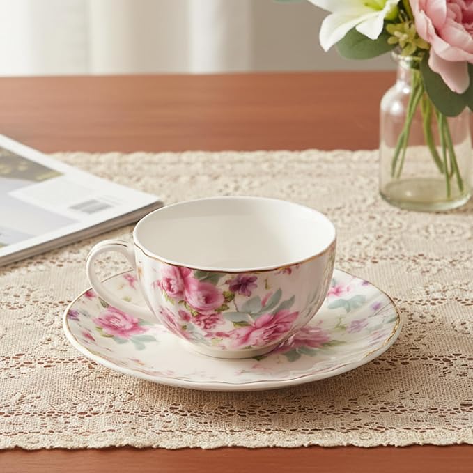 BTaT- Floral Tea Cups and Saucers, Set of 6, 7 oz, Fine Porcelain Teacup Set with Gold Trim for Afternoon Tea, Weddings, Parties & Gifting, Dishwasher Safe and Freezer Safe