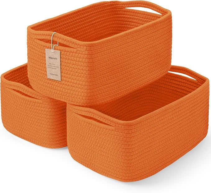 3 Pack Small Storage Baskets for Organizing, 11.8×7.8×5.1", Orange | Woven Baskets for shelves, Cotton Rope Basket for Gifts Empty, Closet Organizer Bins with Handles, Cube Decorative Box