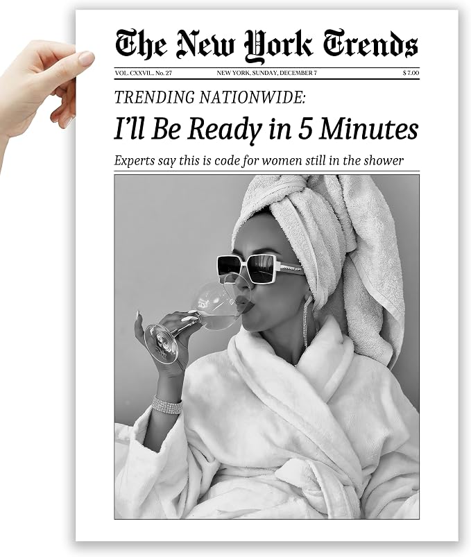 EcoHest 12x16 in I'll Be Ready in 5 Minutes Newspaper Canvas Art | Unframed Canvas Print, Feminist Newspaper Wall Decor for Bathroom, Bedroom, Apartment, Dorm Room, 1Pack