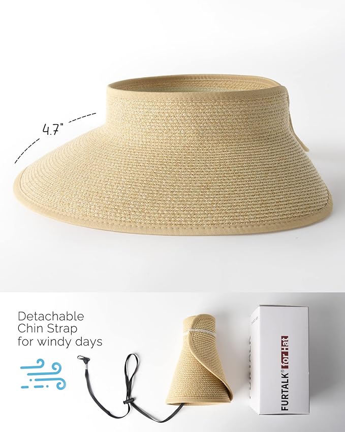 FURTALK Womens Sun Hat with Ponytail Hole Wide Brim Beach Straw Visor | Foldable & Packable for Beach Vacations, Adjustable Fit for Messy Buns, Detachable Windproof Strap, Sweat-Wicking Inner Band