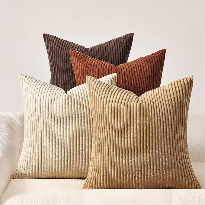 Topfinel Beige Brown Gradient Farmhouse Pillow Case 24x24 Decorative Pillow Covers Set of 4 Rustic Modern Soft Corduroy Striped Cushion Covers for Sofa Couch Living Room Bedroom