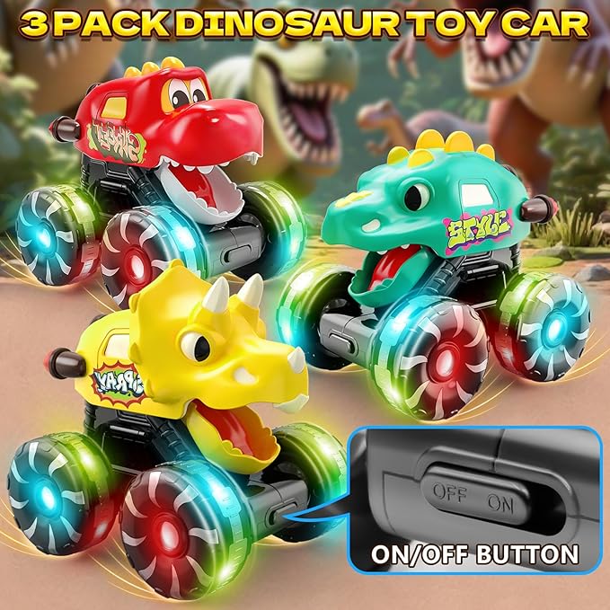 3 Pack Dinosaur Car Toys for Kids Toddlers, Light up Wheels Monster Truck Toys for Boys 2 3 4 5 6 7 8 Years Old Christmas Birthady Gifts Press & Go Dino Trucks Toy for Toddler Boy Baby