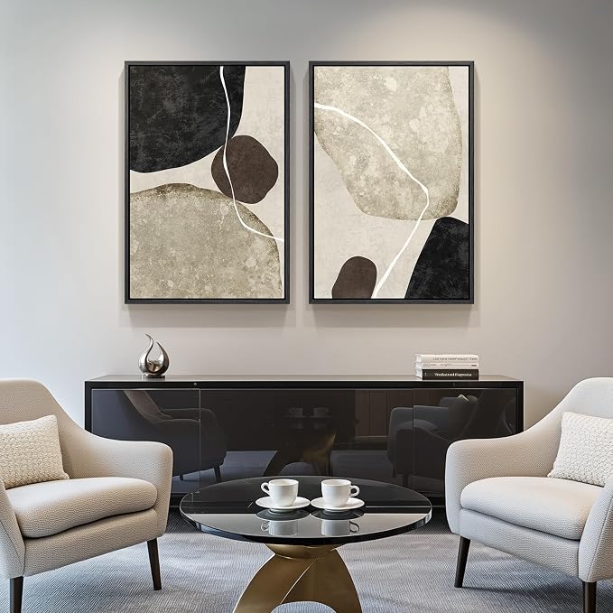Large Framed Neutral Black Brown Abstract Wall Art for Living Room, 24x36 | 2 Piece, Canvas prints, Black beige brown paintings, Modern minimalist artwork, Stone pictures, Dining bedroom wall decor