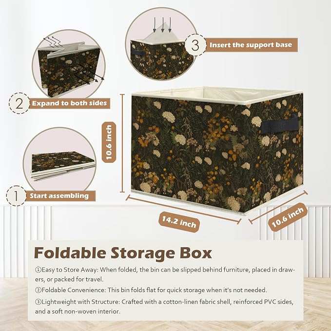 Vintage Rustic Floral Storage Box Bins, Dark Cottagecore Wildflower Collapsible Storage Basket Organizer for Bedroom Laundry Room Home Clothes Books, Decor for Room
