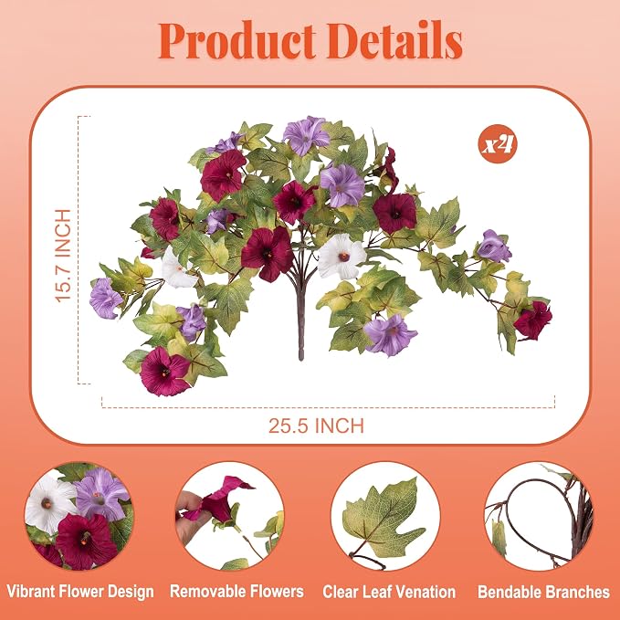 Ammyoo Artificial Fall Flowers Fake Petunias Plants for Outdoor Decoration | 4 Pcs UV Resistant Faux Silk Flowers No Fade Floral for Garden Balcony Yard Porch Realistic Indoor Decor (Burgundy Purple)