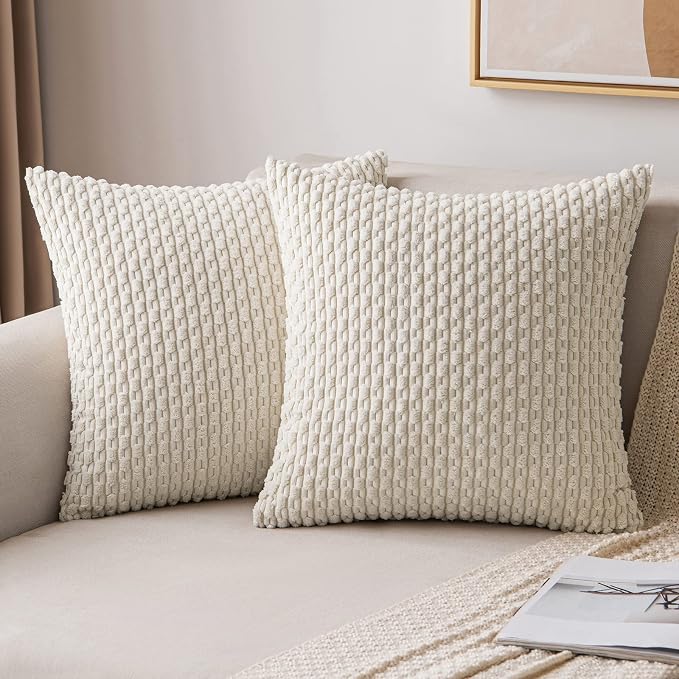 MIULEE Decorative Throw Pillow Covers 18x18 Cream White Textured Corduroy | Pack of 2 Striped Pillow Covers Modern Farmhouse Home Decor for Couch Bed Sofa Living Room