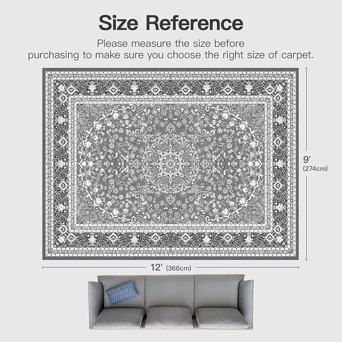 9x12 Area Rugs for Living Room, Washable Non-Slip Rug, Oriental Light Grey | Large Rugs for Bedroom, Low Pile Large Area Rug for Kitchen, Dining Room, Home Office, Vintage Oriental Print Rug
