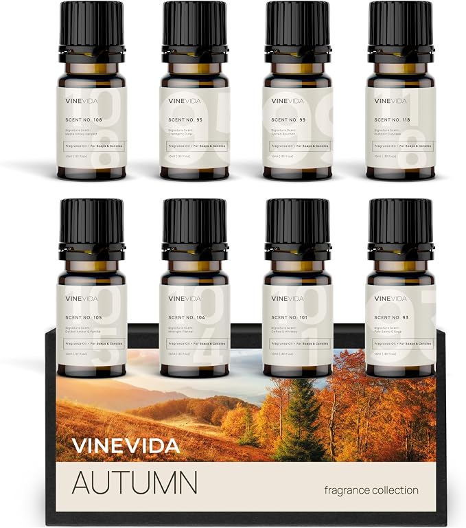 VINEVIDA [Set of 8] Autumn Scents for Candle Making, Made in USA Candle Fragrance Oil, Soap Making Essential Oils, Diffuser Oil Scents