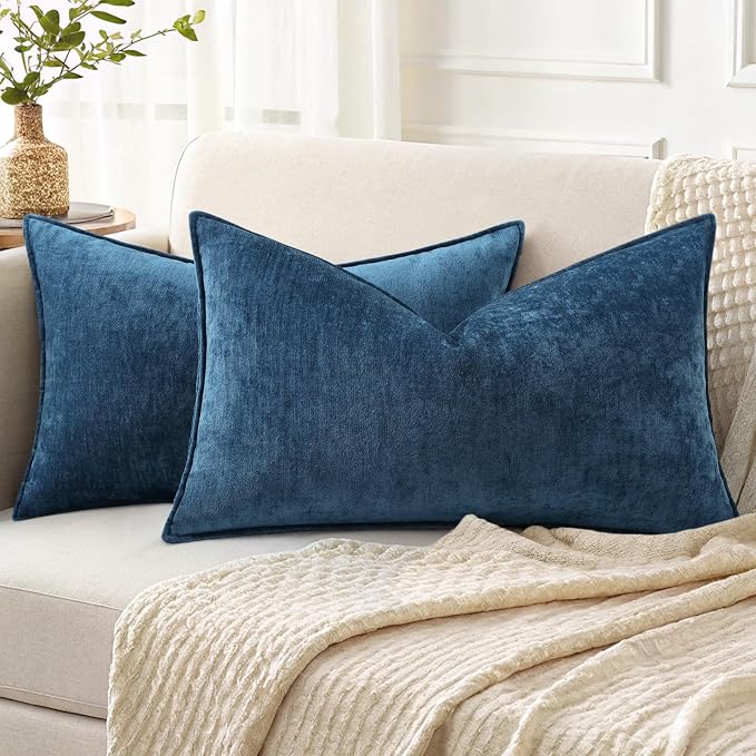 decorUhome Chenille Poseidon Velvet Throw Pillow Covers 12x20 Set of 2 | Fall Soft Lumbar Couch Decorative Modern Farmhouse Pillow Cases with Elegant Design for Sofa Bed Living Room Home Decor
