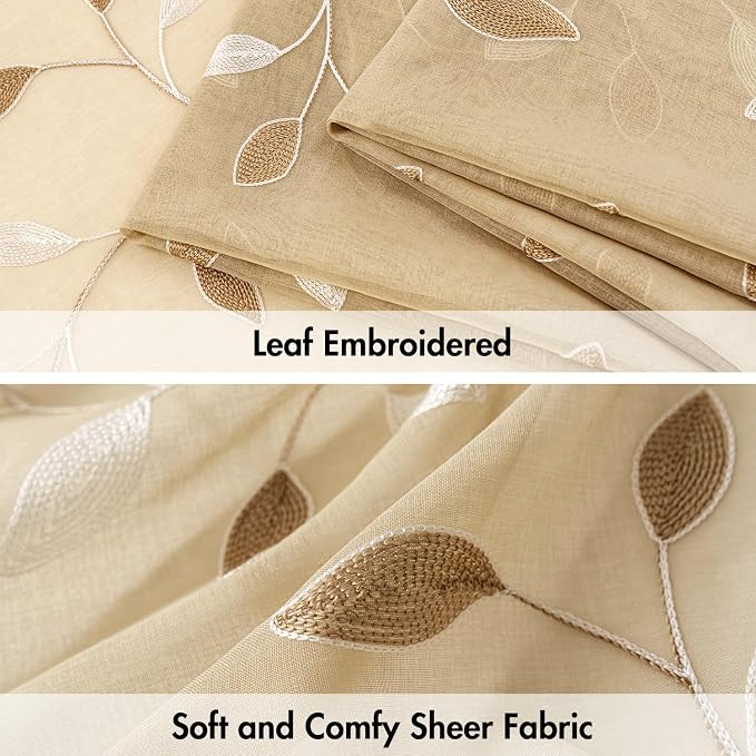 MIULEE Khaki Sheer Curtains 2 Panels Embroidered Leaf Patterned Rod Pocket Floral Semi Sheer Faux Linen Window Curtains Drapes Set for Living Room Bedroom Dining Room, 52x96 Inches Long