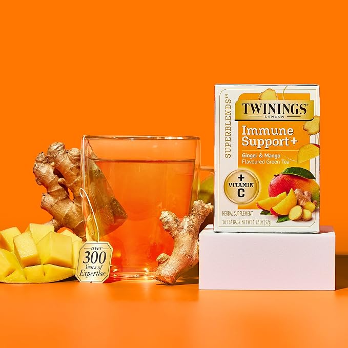 Twinings Superblends Immune Support+ Herbal Tea with Vitamin C, Ginger & Mango Flavoured Green Tea, 16 Tea Bags (Pack of 2), Enjoy Hot or Iced