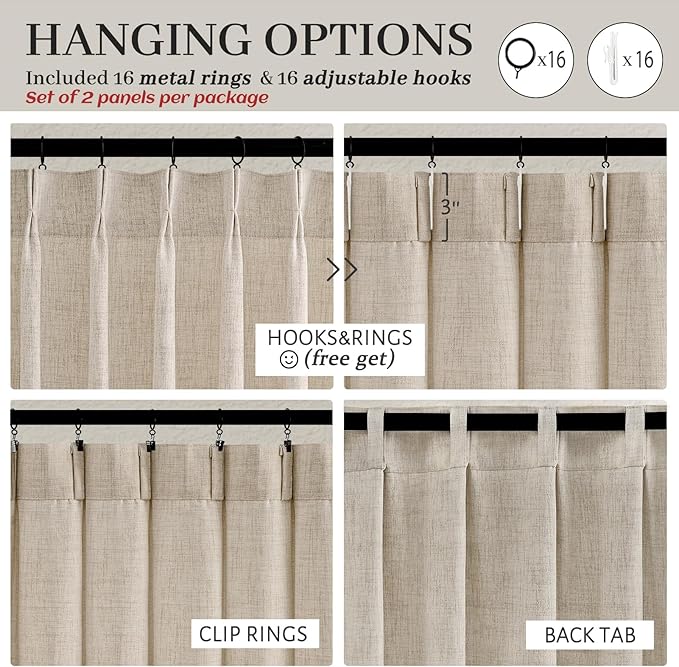 Natural Pinch Pleated Linen Curtains 92 Inches Long 2 Panels Set for Living Room, Farmhouse Beige Cream Semi Sheer Light Filtering Drapes with Back Tab for Bedroom 90-92 Inch Length Windows Viral Burg