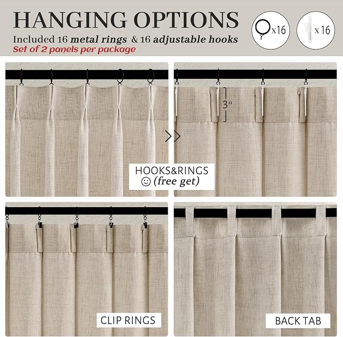 Pleated Natural Linen 95 Inch Curtains 2 Panel Set for Living Room, Rustic Farmhouse Pinch Pleat Semi Sheer Curtain Light Filtering Privacy Ceiling Track Nursery Window Drapes 40"W x 95 Inches Length