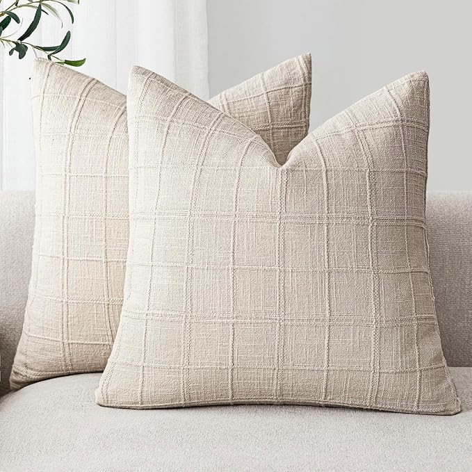 Foindtower Set of 2 Decorative Linen Check Throw Pillow Covers Neutral Farmhouse Vintage Cushion Covers Modern Boho Home Decor for Sofa Chair Couch Bedroom Living Room,16×16 Inch,Natural Beige