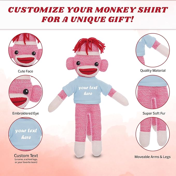 Huggable Pink Sock Monkey 8 Inch Plush Stuffed Animal Personalized Gift - Custom Text on Shirt - Perfect for Halloween Day Valentine's Day Graduation Day Birthday Present (Powder)