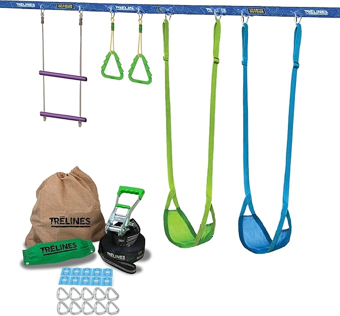 Swingset Gymnastics Kit 36 ft - Slackline Swing Set for Backyard, Monkey Bars & Gymnastics Line - 2 Swings, Double Trapeze bar, 2 Gym Rings - Outdoor Playset for Kids - Ages 3+ Holds 500 lbs.
