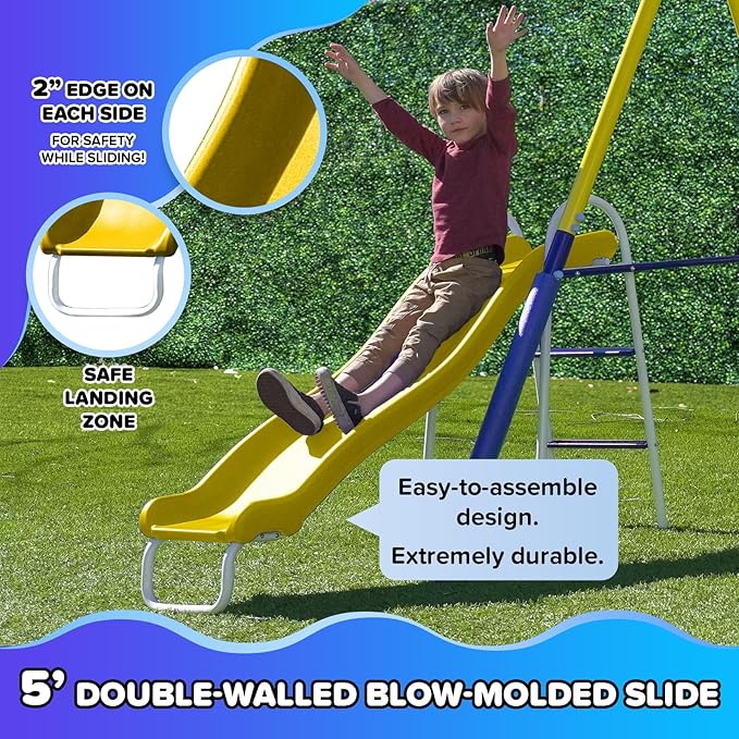 Sportspower Royal Fun Metal Swing Set for Kids Ages 3-8 with 2 Swings, Standing Swing, Glider, Teeter-Totter & 5FT Slide, Anchor Kit, 6.1FT Steel Frame, Outdoor Playground with 800 lbs Weight Capacity