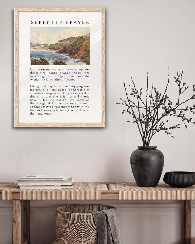 EcoHest 16x20 in Serenity Prayer Mountain Framed Christian Wall Art | Solid Oak Wood Frame with Canvas Wall Art, Scripture Bible Verse Wall Decor for Bedroom, Living Room, Office, Church, 1Pack