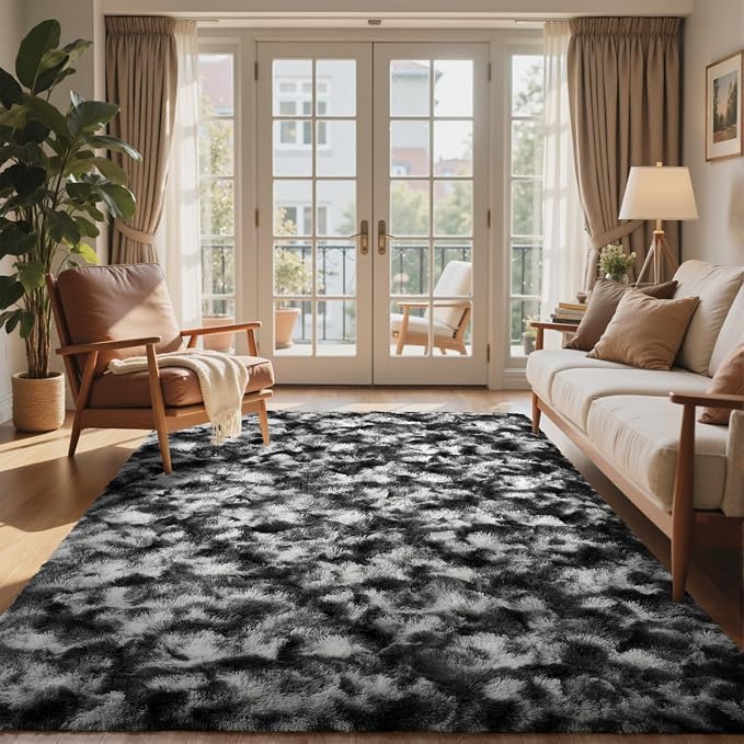 5x8 Ft Large Shag Rugs for Bedroom Living Room Decor for Men Boys, Tie Dyed Ultra Soft Fluffy Furry Area Rug for Indoor Floor, Aesthetic Carpet for Home Decor (Black Grey)
