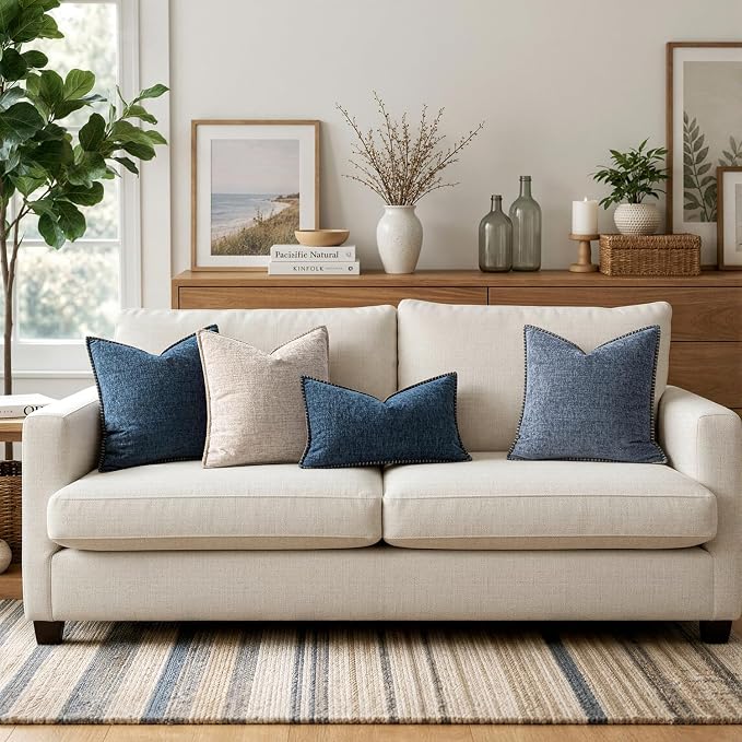 MIULEE Decorative Couch Throw Pillow Covers 18x18 Inch Dark Blue 2 Pack | Farmhouse Pillow Covers with Stitched Edge, Soft Chenille Cushion Cases, for Sofa Bed Living Room Home Decor