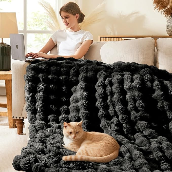 L'AGRATY Faux Rabbit Fur Throw Blanket for Couch, 60'' x 80'', Black | Soft Cozy Bubble Fluffy Blanket for Sofa Bed, Thick Warm Plush Fuzzy Throw for Room Home Decor, Luxury Gift for Women Mom
