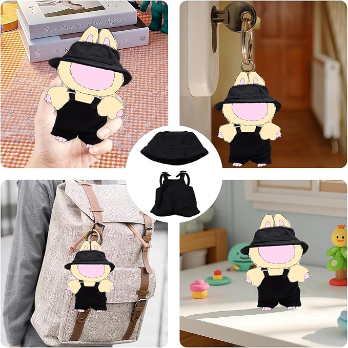 17cm Clothes for Dolls, Hat & Overalls Clothes Set Outfit for Dolls, Keychain Accessories for Doll, Suitable Gifts for Children (NO Doll) (2PC-Black)