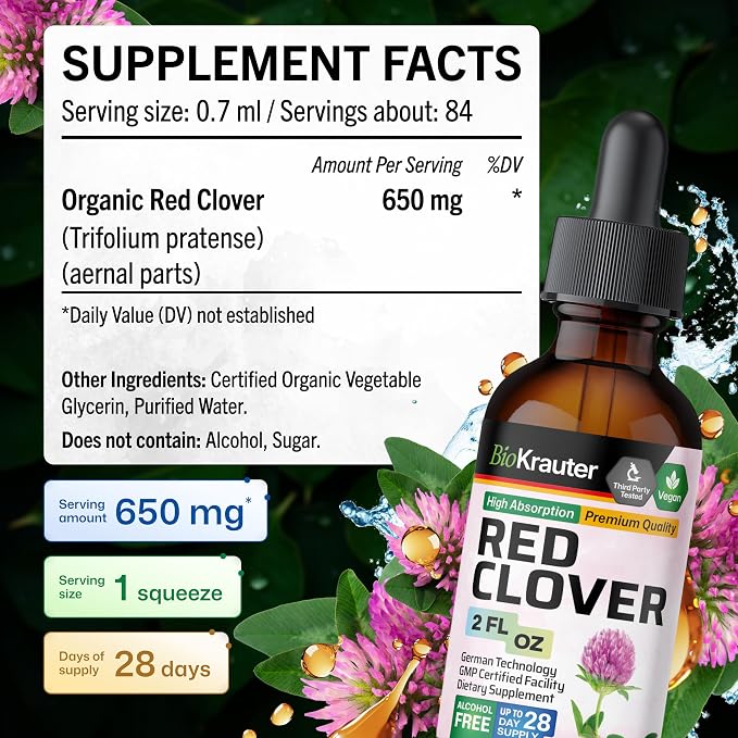 BIO KRAUTER® Perimenopause & Menopause Supplements for Women* - Red Clover Supplement 2 Fl.Oz 28-Day Supply - Vegan Red Clover Extract for Menopause Support & Women's Wellness - Alcohol & Sugar Free