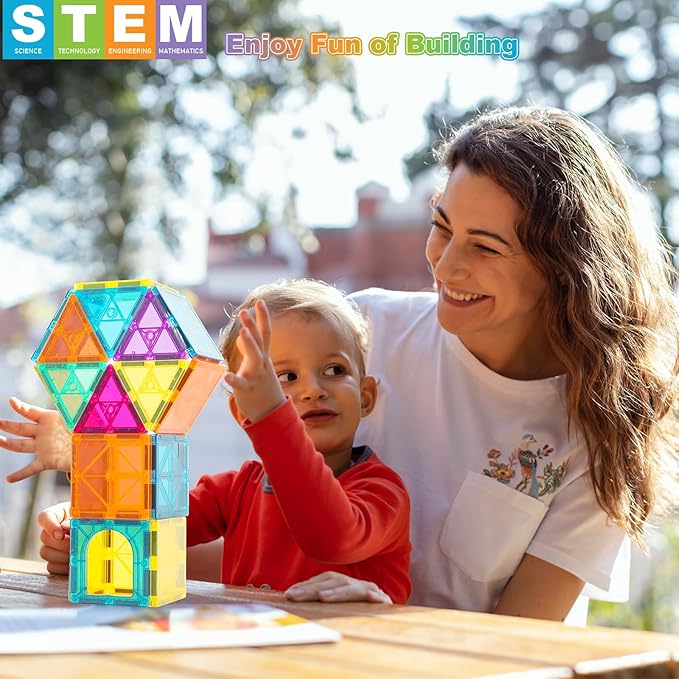 Magnetic Tiles, 96PCS Magnetic Block Toddler Toys with 2 Cars, 3D Clear Magnet Building Tiles Set, STEM Educational Toys for Kids 3-9 Years