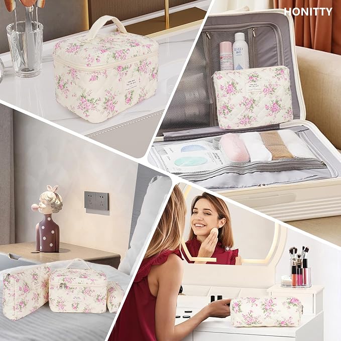 honitty Makeup Bag,Quilted Cosmetic Bags,Large Floral Make Up Organize bag,Makeup Bag Set for Women,Flower Travel Toiletry Bag