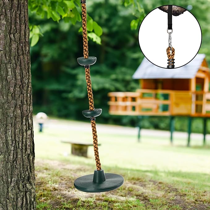 ZENFUN Climbing Rope with Platform and Disc, Tree Swing Seat Set Outdoor Playground Accessories Including Bonus Hanging Strap & Carabiner, Secure Trees House Swings, Gym Backyard, Max Load: 220lb