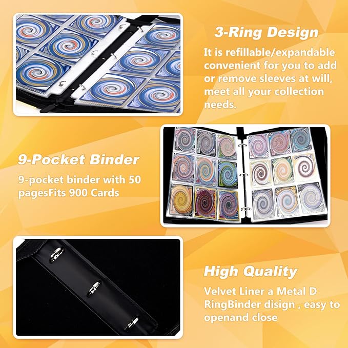 Jravkfi 9 Pocket Trading Card Binder,900 Pockets Trading Card Collection Book with Sleevese,3-ring Zipper Sports Card Album with 50 Removable Double-Sided Card Holder (Black)