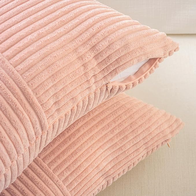 Fancy Homi 2 Packs Peach Lumbar Decorative Throw Pillow Covers 16x32 Inch for Living Room Couch Bed Sofa, Rustic Farmhouse Boho Home Decor, Soft Striped Corduroy Rectangle Accent Cushion Case 40x80 cm