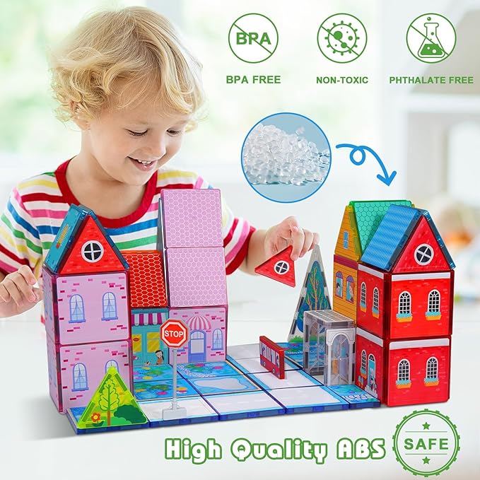 Magnetic Tiles Toddler Toys Fairytale Town Road Set, Magnetic Blocks Montessori Sensory Educational Learning Building Magnet Toys for 3 4 5 6 Year Old Boys Girls, Kids Preschool Classroom Must Haves