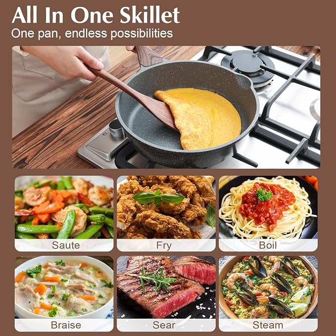 SENSARTE Nonstick Skillet, Deep Frying Pan 10/11/12-inch, Saute Pan with Lid, Stay-cool Handle, Healthy Stone Cookware Cooking Pan, Induction Compatible (10-Inch/3.5QT)