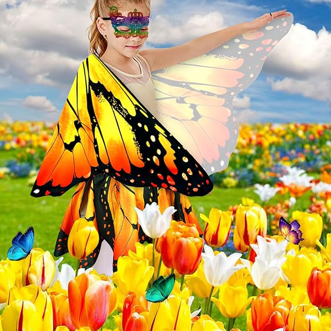Kids Butterfly Wings Costume for Girls Fairy-Wings Toddler Dress Up Play Costumes Butterfly Skirt Set Mask Party Favors Gifts(Orange+skirt sets)