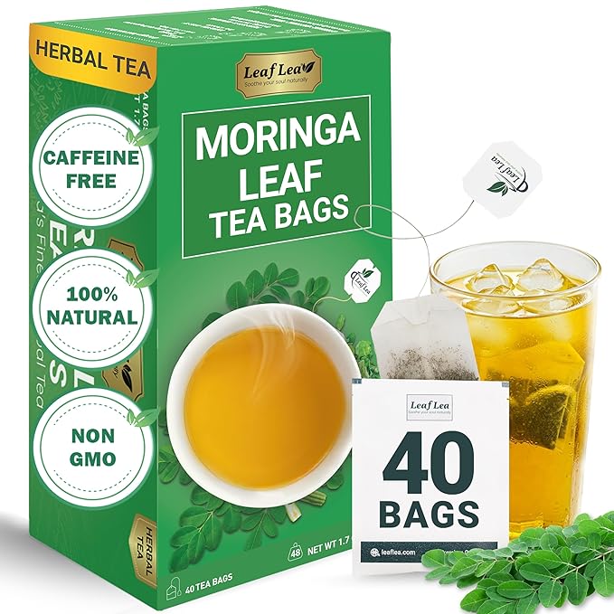LeafLea Moringa Tea Bags, 100% Pure Moringa Leaf Herbal Tea, 40 Count | Single-Ingredient Moringa Oleifera, Individually Foil-Wrapped for Freshness, Caffeine-Free, Sugar-Free, Vegan