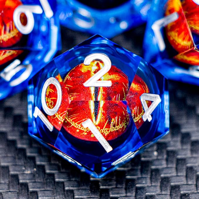 ARUOHHA DND Resin Dice Gazes Eye Dice Silver Blue Liquid Core Flaming RPG Sharp Edged Dice Set with Gift Box, Polyhedral D and D Dice Set Compatible with Dungeons Dragons Role Playing Game D20 D6