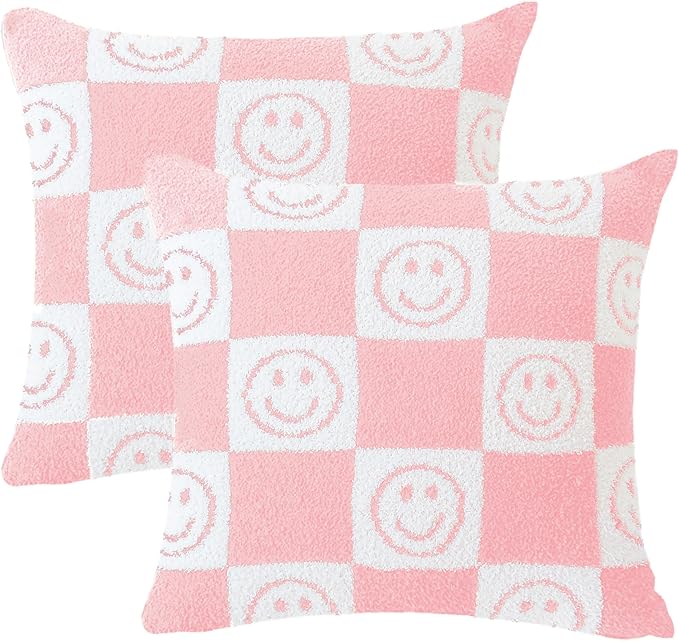 Ultra Soft Cozy Happy Smiling Face Checkered Knitted Throw Pillow Cover Fluffy Microfiber pillocase Decorative for Sofa Bed 18 Inches Both Sides (Pink)