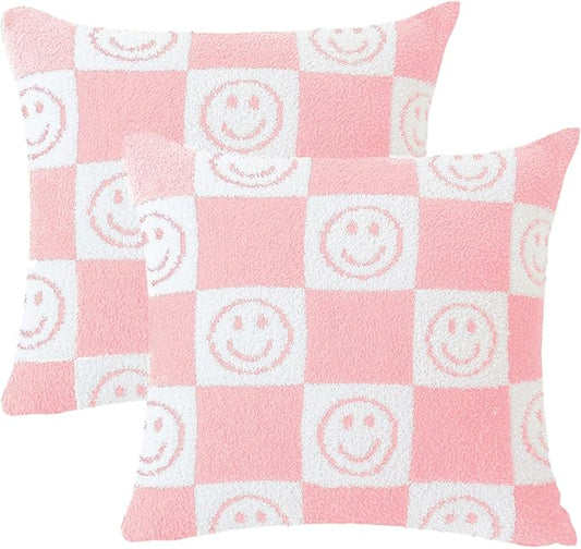 Ultra Soft Cozy Happy Smiling Face Checkered Knitted Throw Pillow Cover Fluffy Microfiber pillocase Decorative for Sofa Bed 18 Inches Both Sides (Pink)