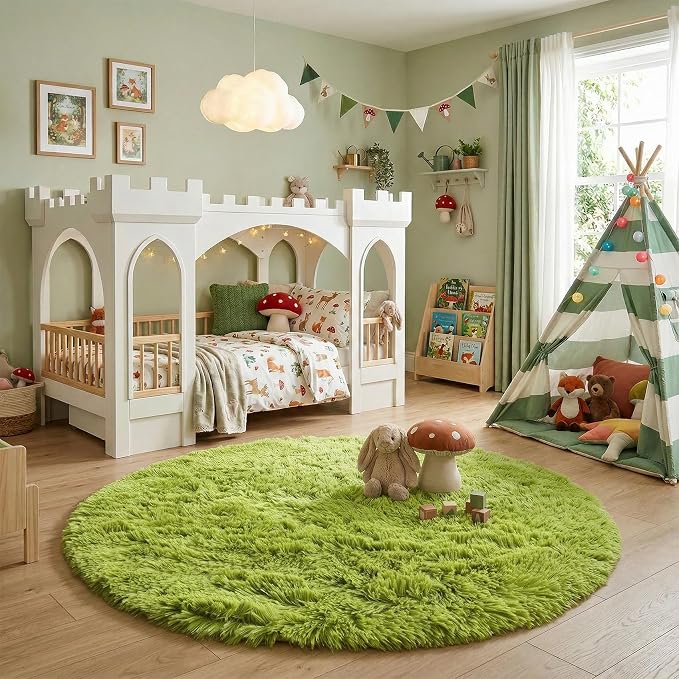 Amdrebio Grass Green Round Area Rug 7Ft for Living Room Bedroom Decor Aesthetic, Large Fluffy Shaggy Fuzzy Circle Rugs for Baby Nursery Kids Playroom, Big Soft Shag Floor Circular Modern Cool Carpet