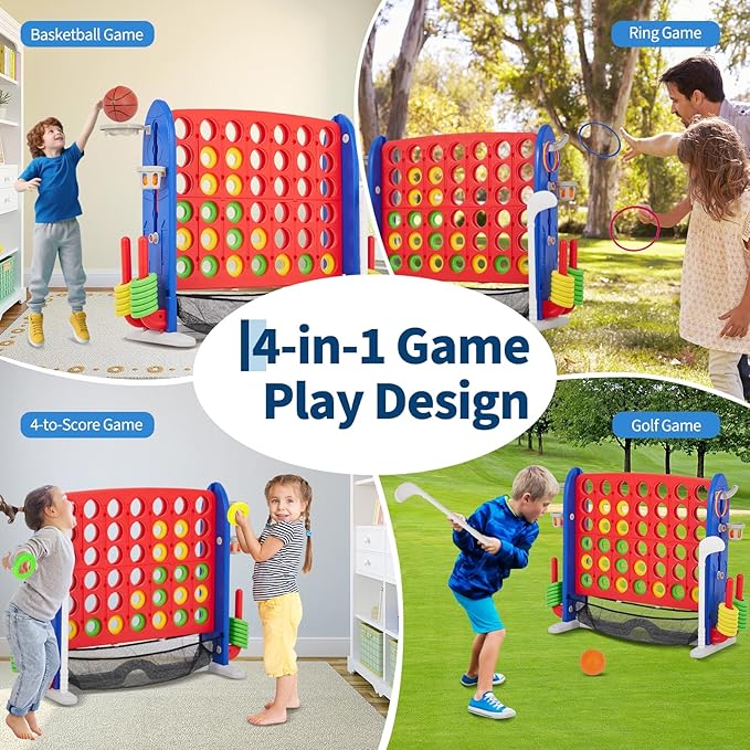 Giant 4 in a Row Game with Carrying Bag, 4-in-1 Giant Connect-4 Game Set with Golf,Basketball,Ring Toss and Mesh Fabric, 3-Level Height Adjustable for Kids & Adults,Large Connect-4 for Family Fun