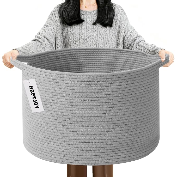 90L Extra Large Blanket Basket,Woven Rope Laundry Basket-Light Grey | Collapsible, reinforced handles, nursery storage bin organizes clothes, toys and pillows for living room, bedroom bathroom