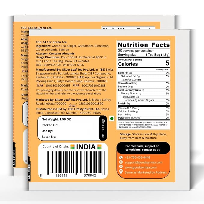 Goodwyn Kashmiri Kahwa Green Tea, 60 Tea Bags | Saffron, Almonds & Spices | Natural Low Caffeine Blend | Plastic Free Bags