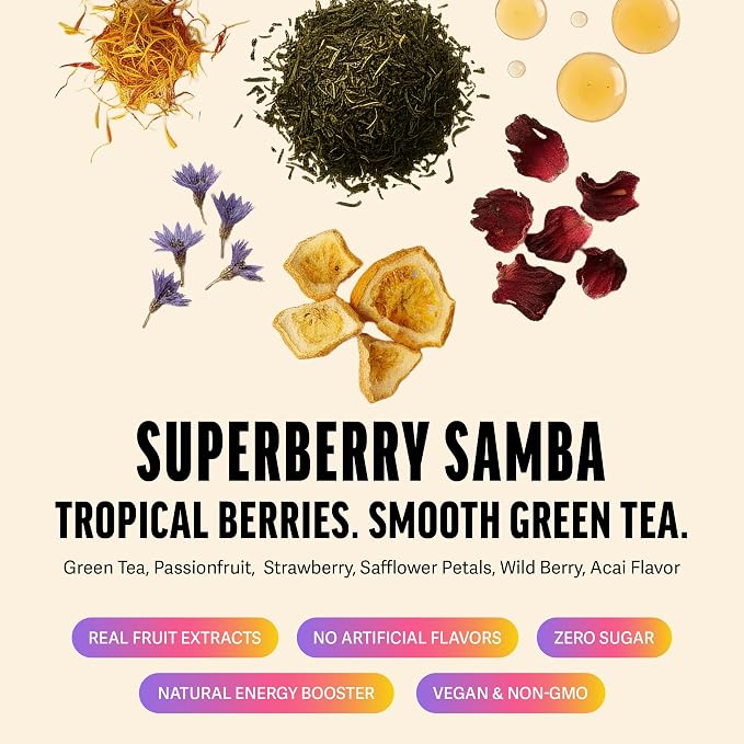 Zest Energy Green Tea - Superberry Samba - High Caffeine Strawberry, Acai, & Passion Fruit Tea - Caffeinated Coffee Altnernative with Antioxidants - Natural, Non-GMO & Keto - 20Ct Pack - 135mg Caf
