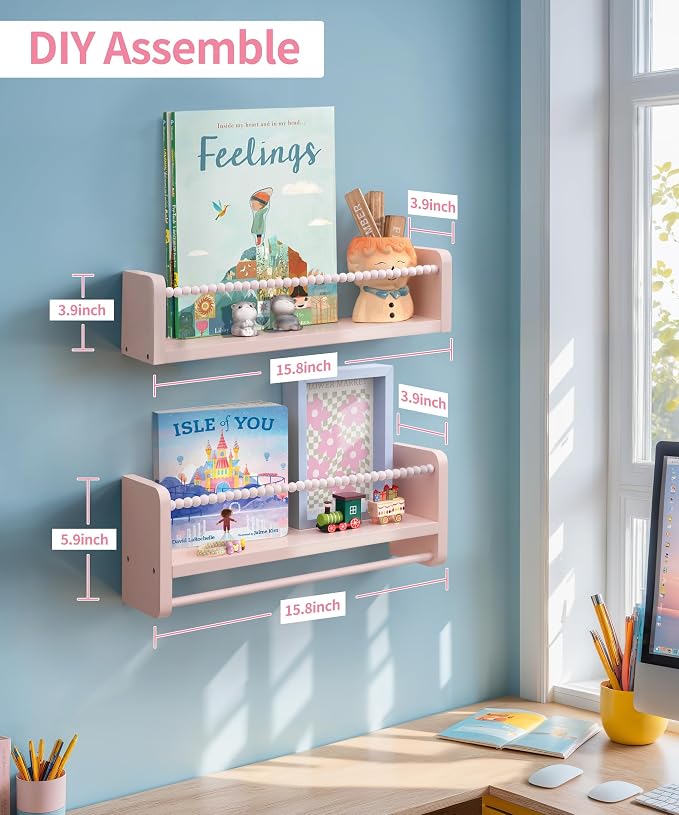 Maxpeuvon Nursery Book Shelves for Wall, Pink Floating Shelves Set of 3 | Natural Wood Nursery Shelves, with Towel Bar, Storage Shelf for Books, Toys and Decor, for Kids Room, Playroom, Bedroom