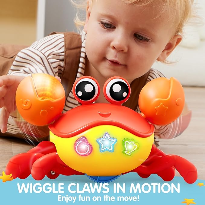 Play-Act Crawling Crab Baby Toy, Interactive Musical Crab with Intelligent Sensor & Auto-Avoiding Obstacles, Tummy Time Toy with Lights and Buttons, Gift for Toddlers Learning to Crawl
