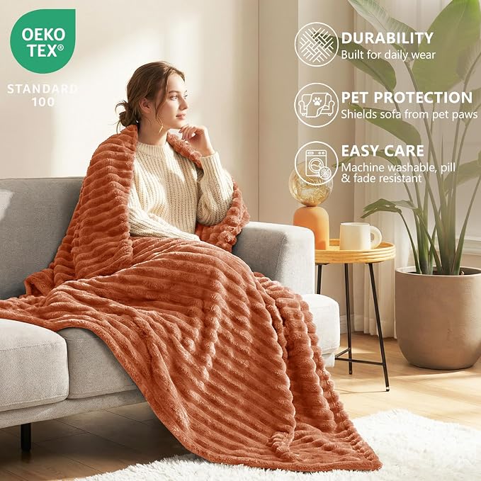 HIMEET Burnt Orange Full Blanket for Bed, 300GSM Ribbed Fleece, 84 x 90 in | Ultra Soft Flannel, All-Season Lightweight Warmth, Bed Layering & Home Room Decor, Gift for Men & Women, Machine Washable