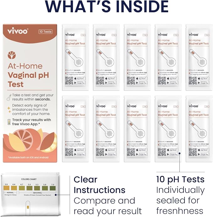 Vivoo Vaginal pH Test Strips for Women — 10 Count At-Home BV & Yeast Infection Test Kit | 30-Second Results | Easy Color Chart | pH Tracking with Free App | Bacterial Vaginosis Screening