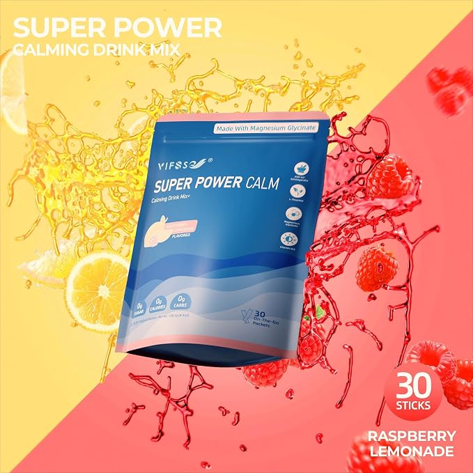 VIFSSG Super Power Calming Powdered Drink Mix, Raspberry Lemonade 30 Packets, L-Theanine, Ksm-66 Ashwagandha, Magnesium Glycinate, Vitamin D3 Supplements, Sugar-Free, Non-GMO for Relax & Focus