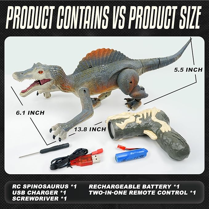 BEZGAR Remote Control Dinosaur, RC Walking Robot Dinosaur Toys with Light, Auto Spraying and Roaring Jurassic Spinosaurus Dinosaur Robot Toy for Boys 3+Years Old